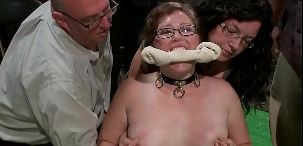  Chubby slave is rough public banged
